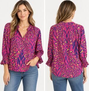 Finley Blouse Women S Pink Animal Print 100% Cotton Bell Sleeve Tunic Top